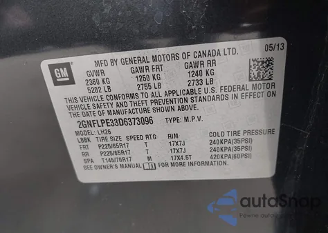 2013 Chevrolet Equinox 2Lt из США, поврежденный, VIN 2GNFLPE33D6373096